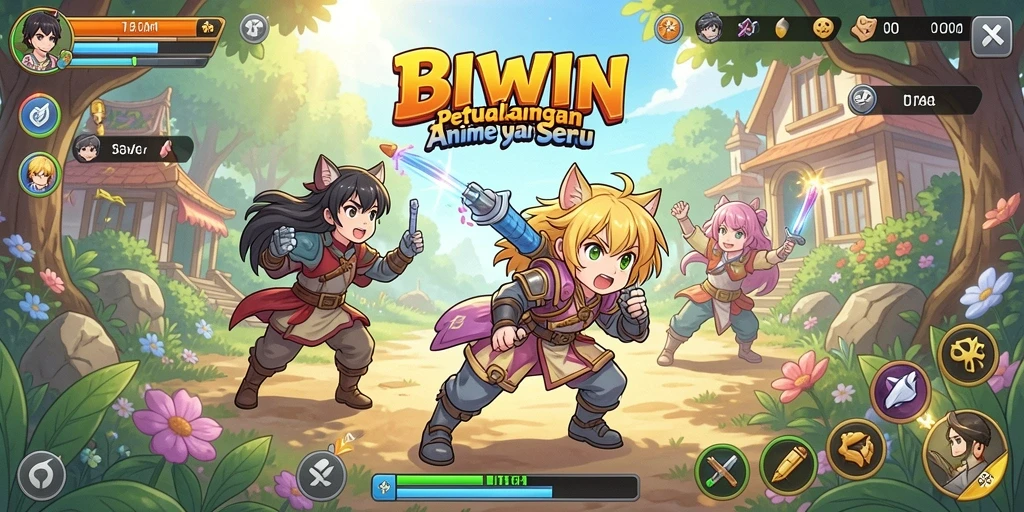 Tampilan gameplay menarik di dunia anime penuh warna.