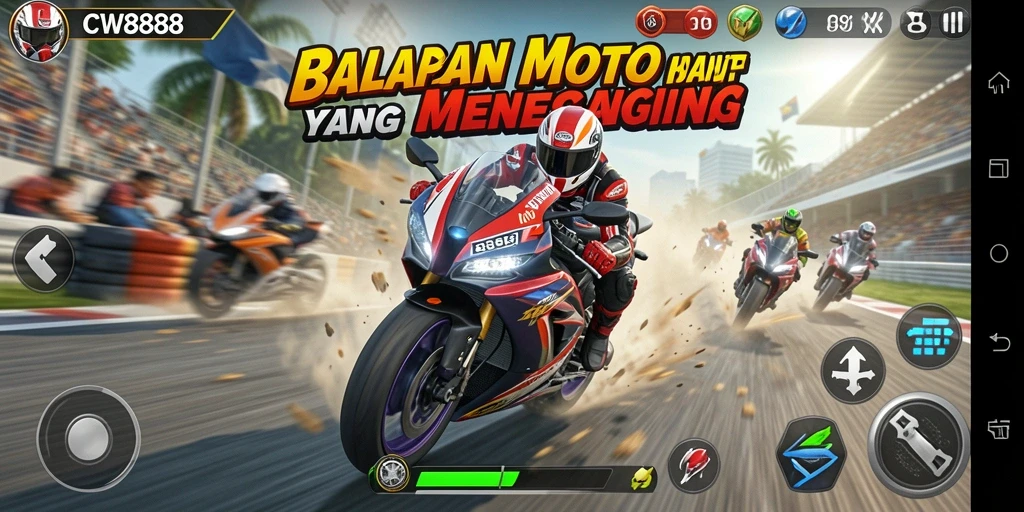 Screenshot gameplay CW8888 menampilkan aksi balapan motor yang mendebarkan.