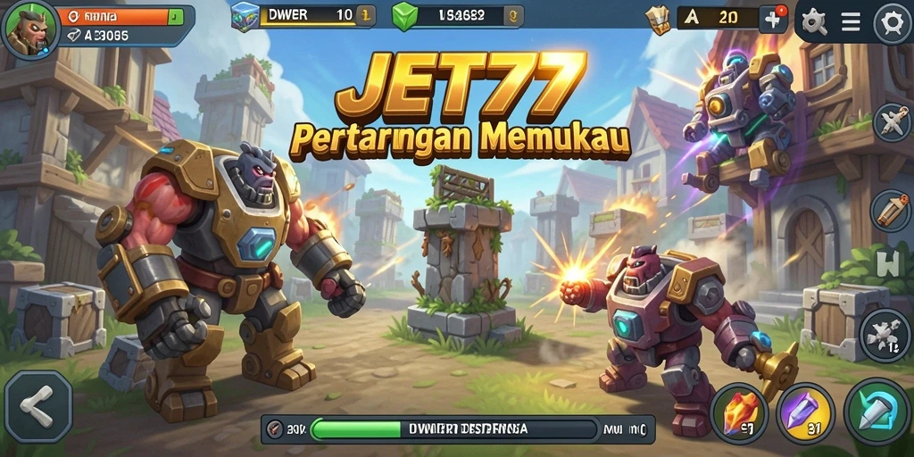 Screenshot gameplay menampilkan aksi menara dalam pertarungan Tower Defense.