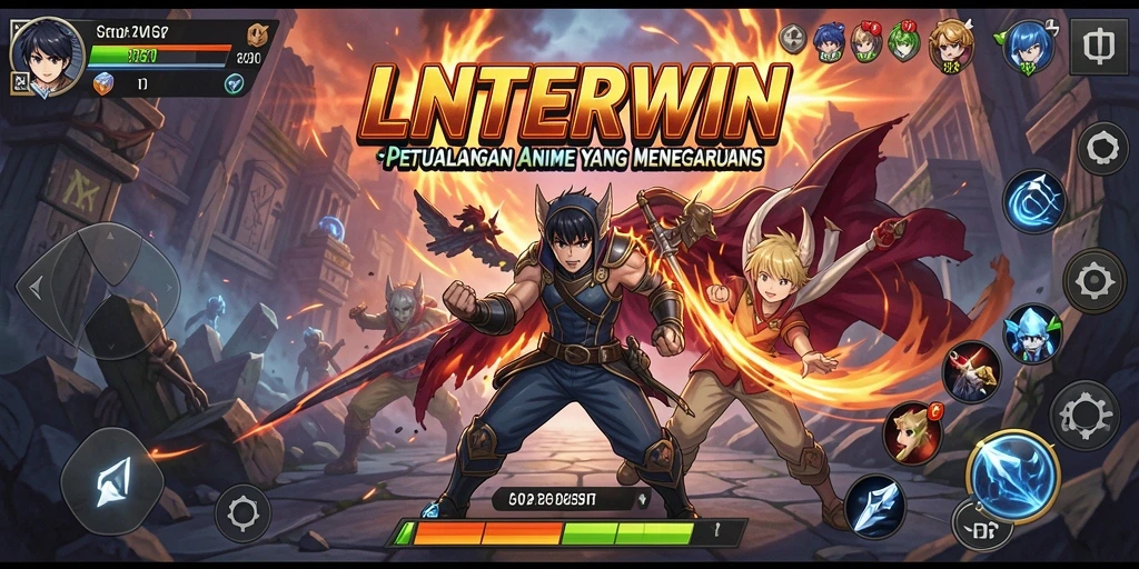 Tampilan gameplay LNTERWIN dengan aksi karakter anime yang menegangkan.