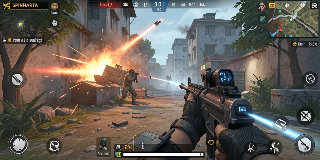 Gambaran gameplay SPINHARTA dengan aksi menembak yang seru.